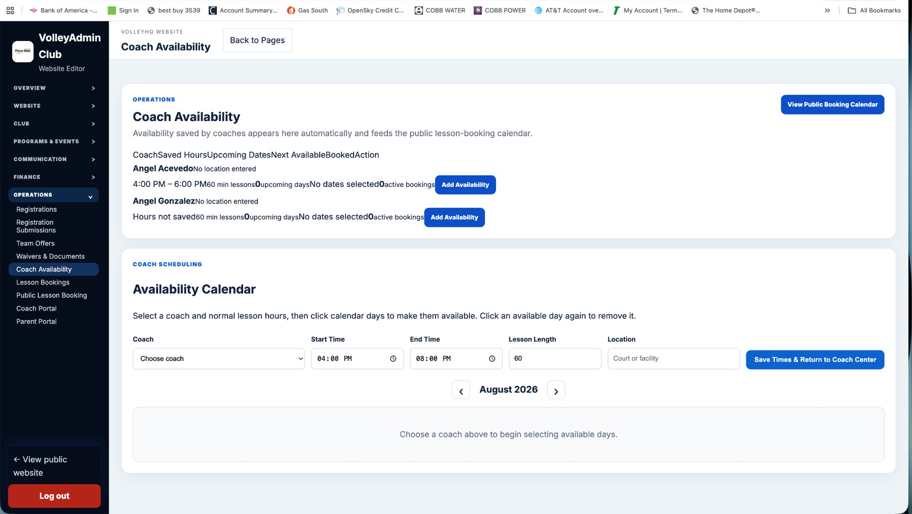 VolleyHQ scheduling and coach availability