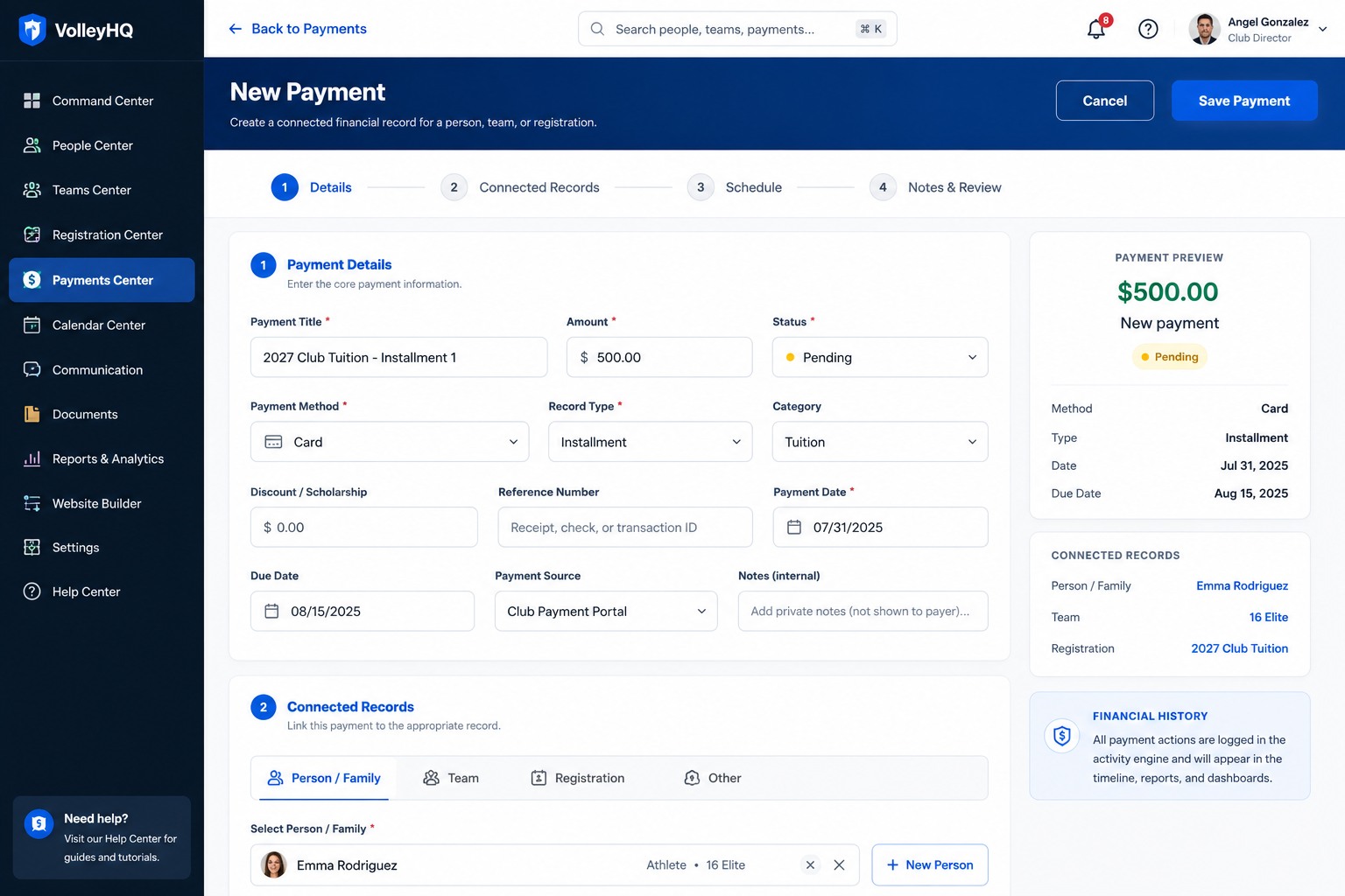 Connected VolleyHQ record workflow